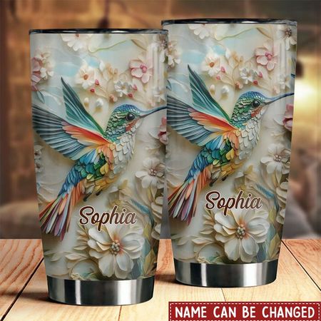 Blütenflügel – Personalisierter Thermobecher mit Namen und Kolibri-Motiv